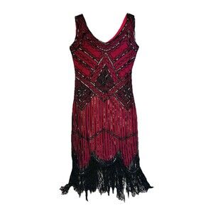 Flapper Dress SZ S Red Black Beaded Sequin Y2K Dark Fairy Whimsigoth Fringe boho